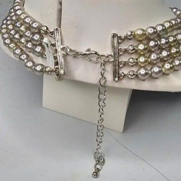 Triple Strand Faux Pearl Lt. Grey, Lt. Yellow Necklace Hook Closure 16"L - Picture 4 of 4